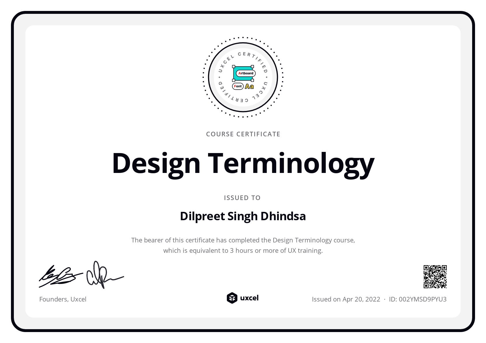 Dilpreet Singh Dhindsa's certificate